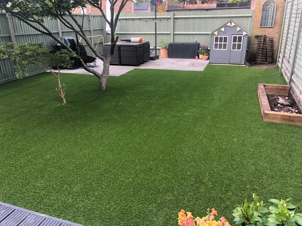 large back garden with artificial grass